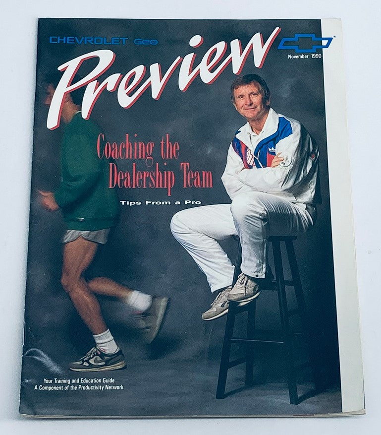 1990 Chevrolet Geo Preview Dealer Showroom Sales Guide Catalog cover featuring a man in athletic attire and a casual stance, offering coaching tips for dealership teams, November 1990.