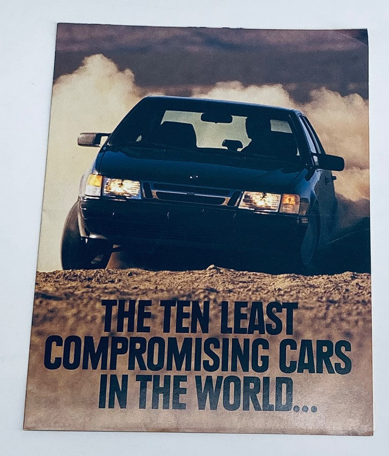 1991 Saab Full Line Dealer Showroom Sales Guide Catalog featuring a Saab car on a dirt road, highlighting 'The Ten Least Compromising Cars in the World' with a dramatic background.