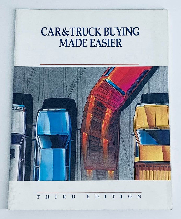 Cover of the 1990 Car & Truck Buying Third Edition Dealer Showroom Sales Guide Catalog featuring an aerial view of colorful trucks and cars with the title 'Car & Truck Buying Made Easier' prominently displayed.