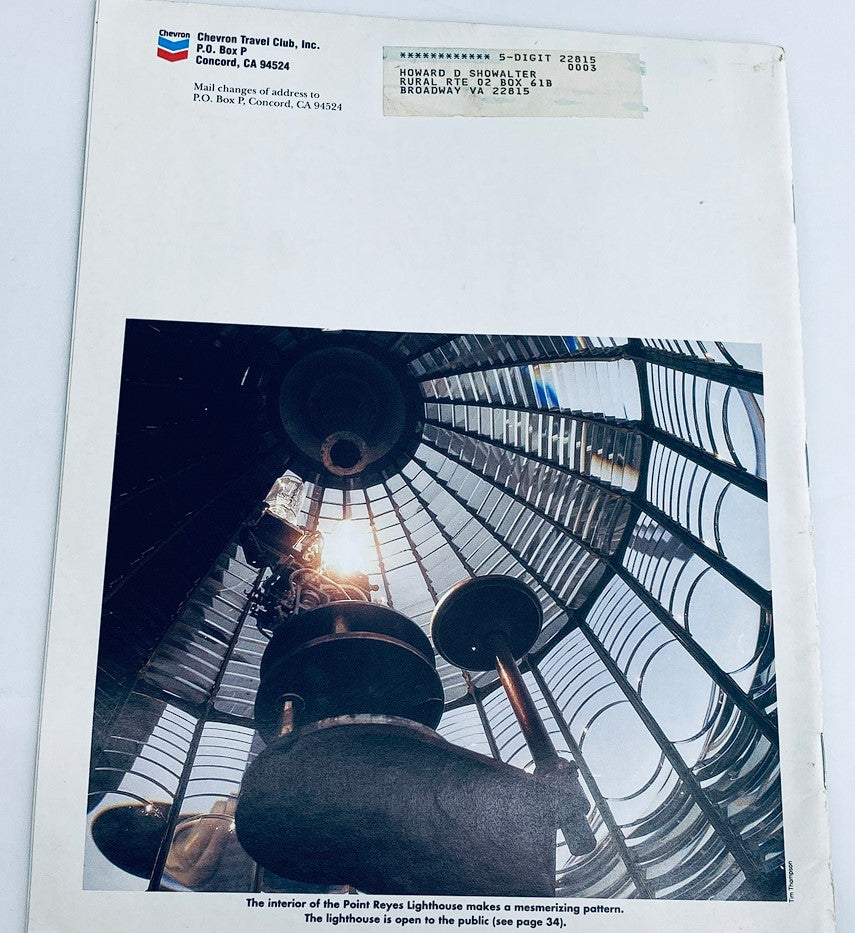 Back cover of VTG Chevron USA Odyssey Magazine Winter 1990 The Travel Club Guide showcasing the interior of the Point Reyes Lighthouse with a detailed view of the glass dome.