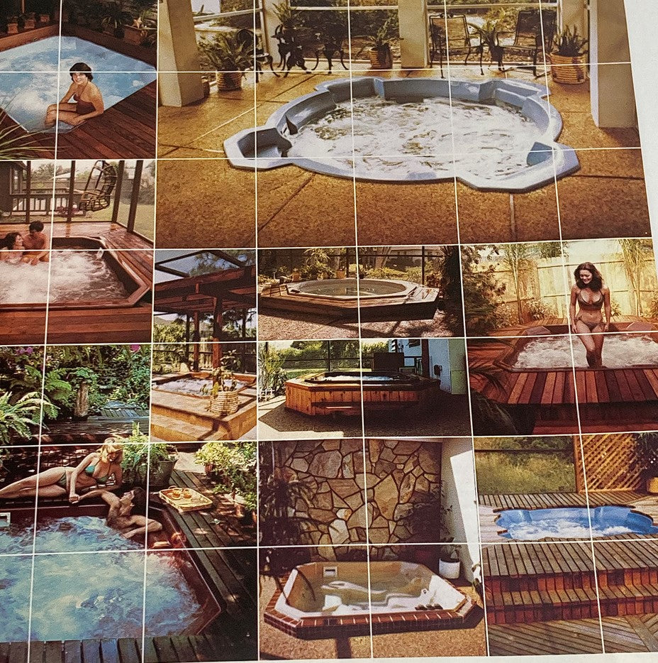1982 Hydro Spa K2 Durable Acrylic Fiberglass Reinforced Whirlpool Spas Catalog showcasing a collage of various spas and hot tub designs in serene outdoor environments.