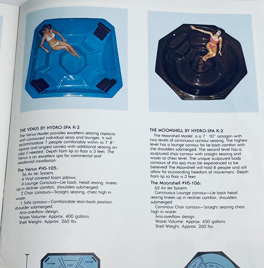 1982 Hydro Spa K2 Durable Acrylic Fiberglass Reinforced Whirlpool Spas Catalog demonstrating the Venus Model and Moonshell Model hot tubs along with their specifications and seating arrangements.