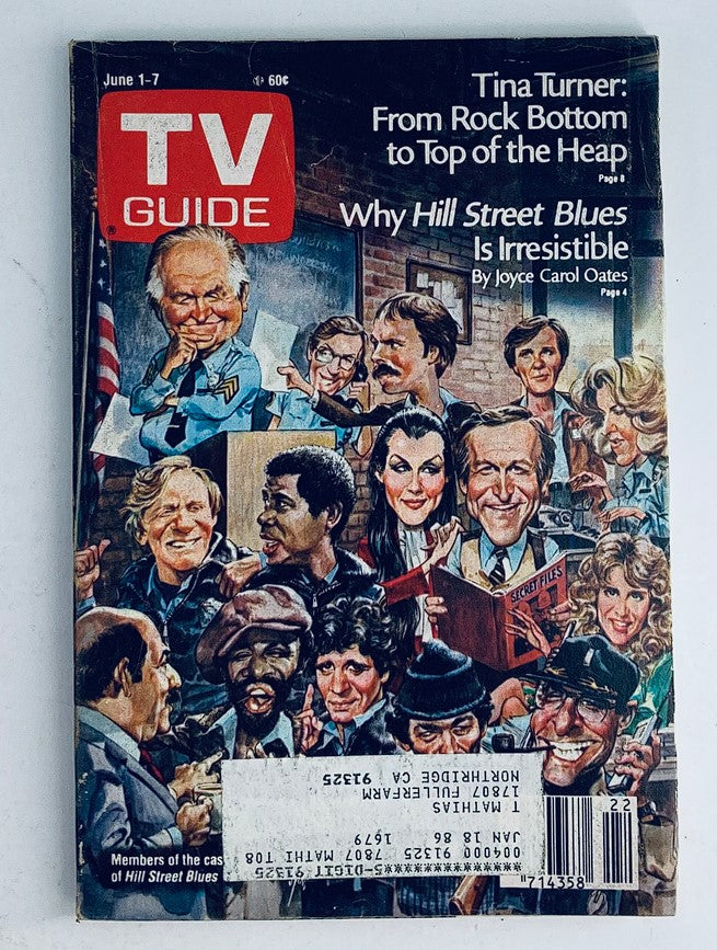 TV Guide Magazine cover from June 1, 1985, featuring Tina Turner, with the headline 'From Rock Bottom to Top of the Heap,' alongside the cast of Hill Street Blues. The cover showcases vibrant illustrations and highlights the magazine's reflection of 1980s television culture.