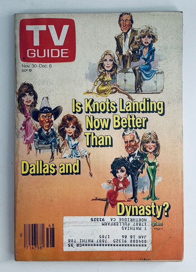 Cover of TV Guide Magazine November 30 1985 featuring cartoon caricatures of iconic characters from popular shows like Knots Landing, Dallas, and Dynasty.