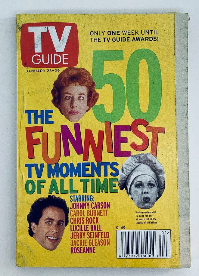 TV Guide Magazine January 23 1999 featuring the title '50 The Funniest TV Moments of All Time'. Cover includes images of iconic comedians Jerry Seinfeld and Lucille Ball among others, celebrating classic television comedy.