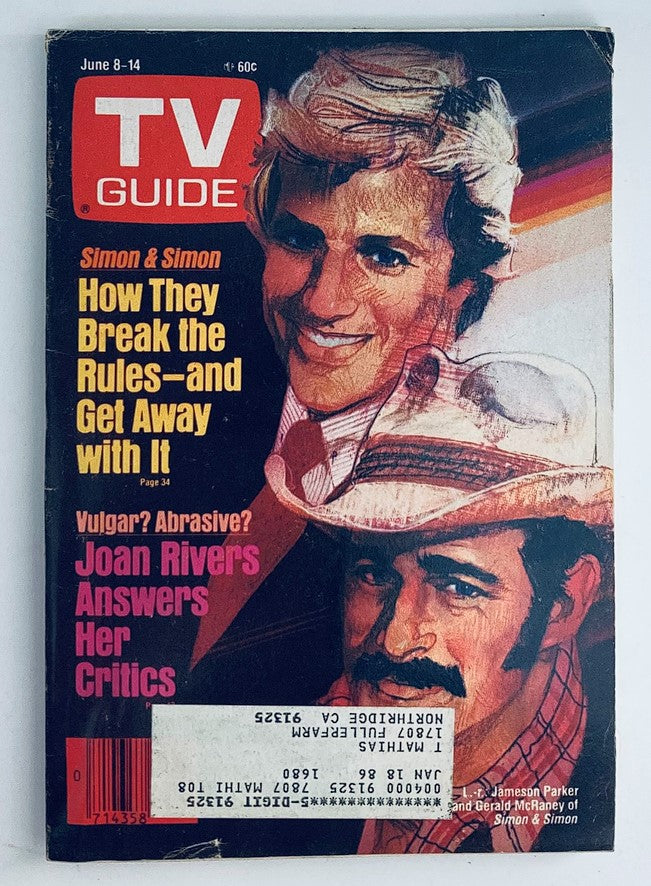 TV Guide Magazine cover from June 8, 1985, featuring Gerald McRaney and Jameson Parker. The cover highlights the show's title 'Simon & Simon' and discusses various entertainment topics of the 1980s, reflecting the vibrant culture of television during that era.