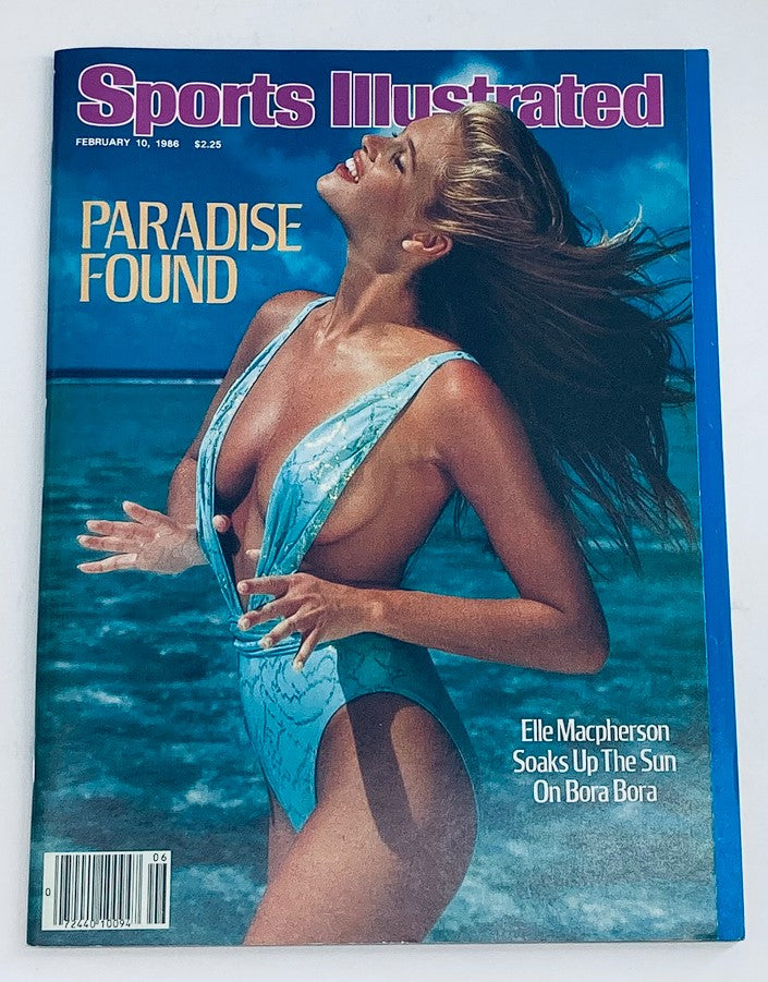 Cover of Sports Illustrated Magazine Swimsuit Issue from February 10, 1986, featuring Elle Macpherson enjoying the sun in Bora Bora, showcasing 80s fashion and glamour.