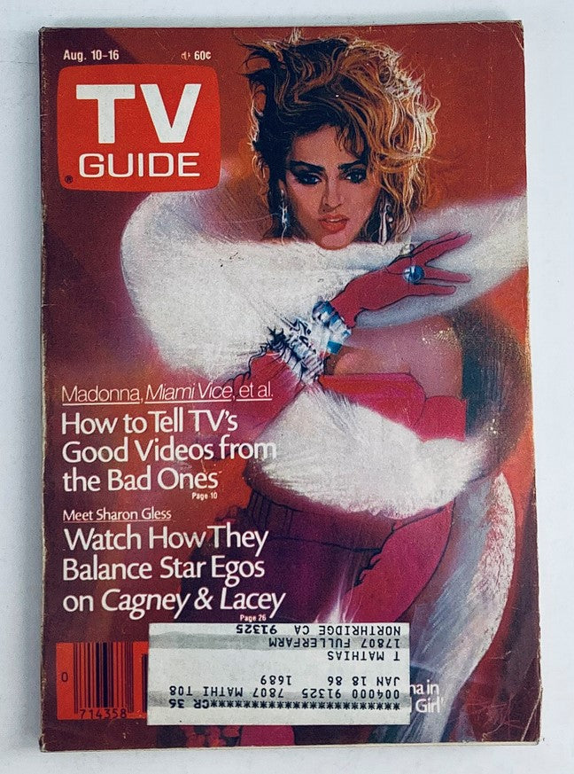 TV Guide Magazine cover from August 10, 1985 featuring Madonna in her 'Material Girl' look. The cover includes headlines about Miami Vice and television insights, making it a notable collectible for pop culture enthusiasts.