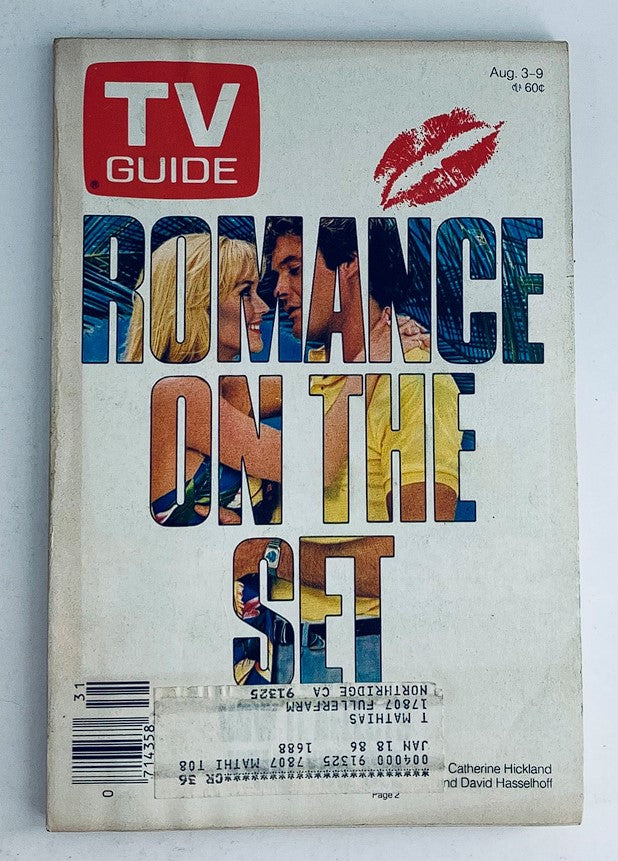 TV Guide Magazine cover from August 3, 1985 featuring David Hasselhoff and Catherine Hickland, with bold text 'Romance on the Set'. This vintage collectible offers a glimpse into 1980s television culture.