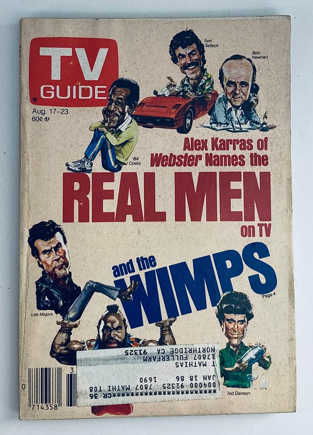 TV Guide Magazine cover from August 17, 1985 featuring Bill Cosby, Ted Danson, and Mr. T with humorous caricatures and the headline 'REAL MEN and the WIMPS on TV'.