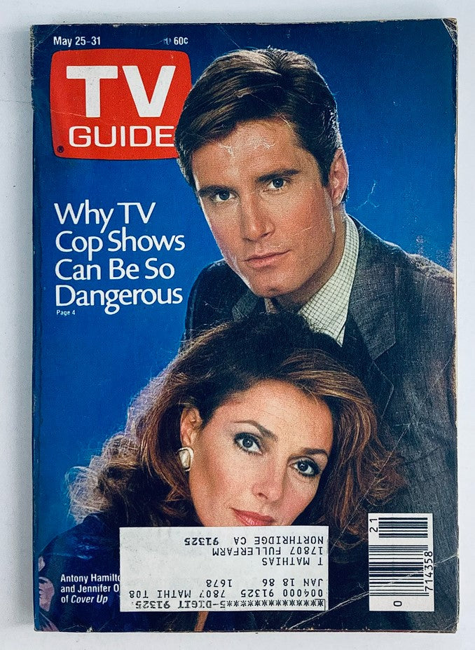 Vintage TV Guide Magazine from May 25, 1985 featuring Anthony Hamilton and Jennifer O'Neill on the cover, highlighting a discussion on the dangers of TV cop shows.