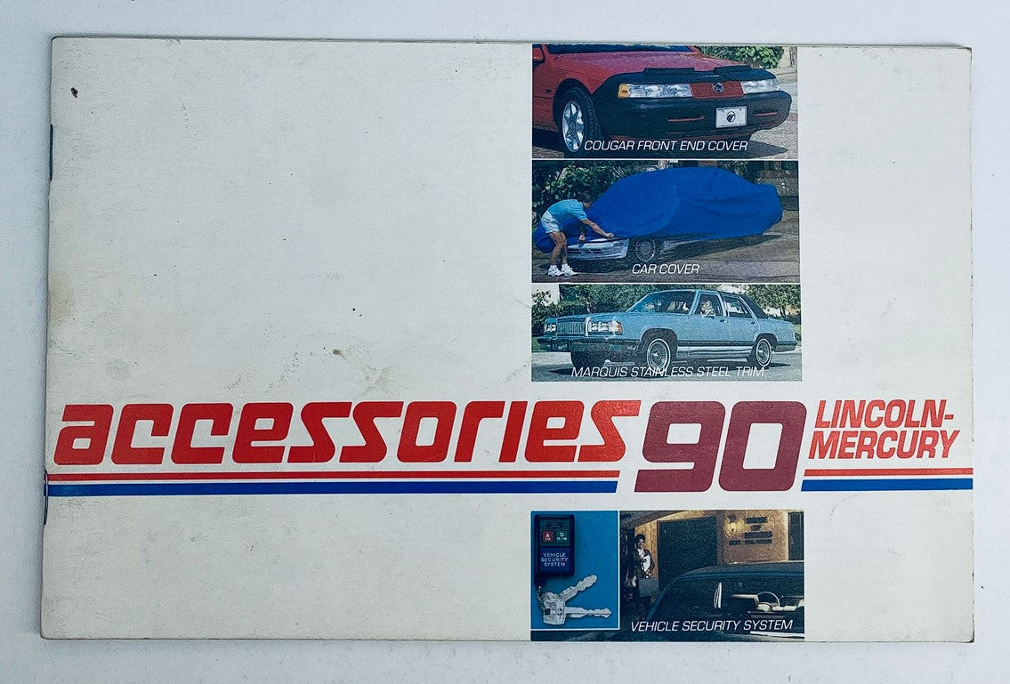1990 Lincoln-Mercury Accessories Dealer Showroom Sales Brochure Catalog showcasing vehicle accessories including a Cougar front end cover, car cover, and vehicle security system.