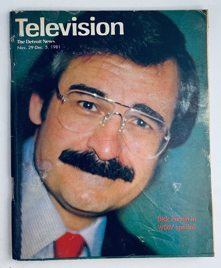 Cover of VTG Television The Detroit News Magazine, November 29, 1981, featuring Dick Purtan with a mustache and glasses, representing Detroit's vibrant culture.