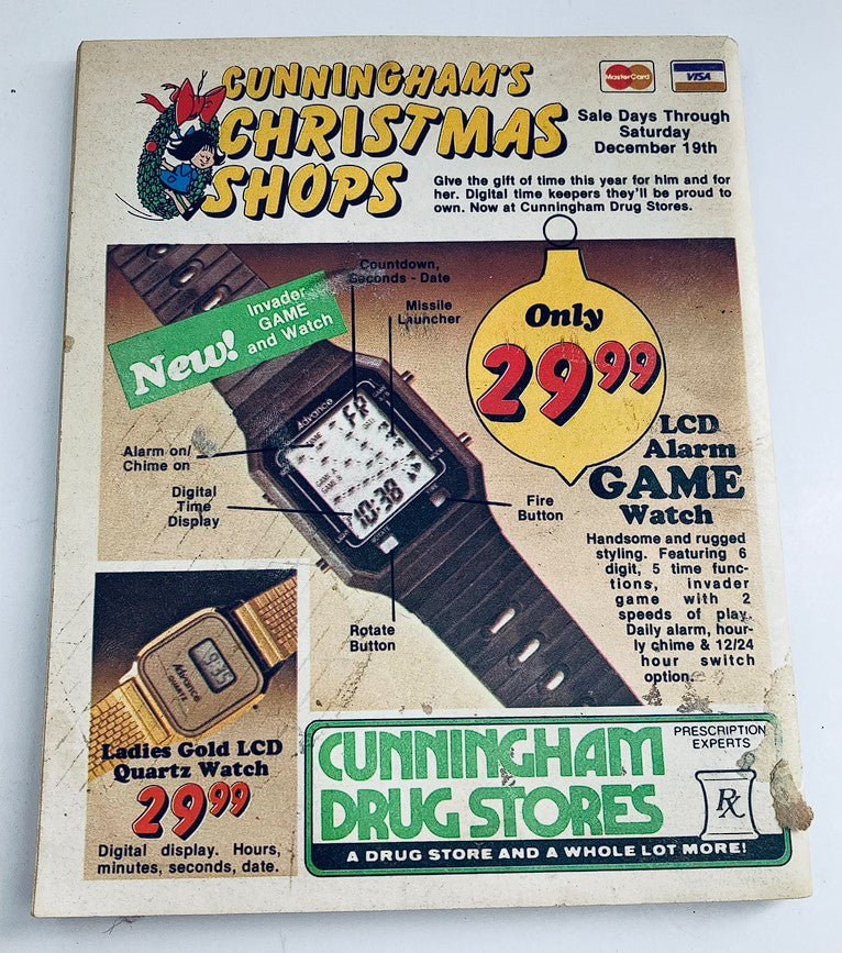 Back cover of a vintage magazine featuring Cunningham's Christmas Shops advertisement, showcasing various watches and holiday gift items, dated December 1981.