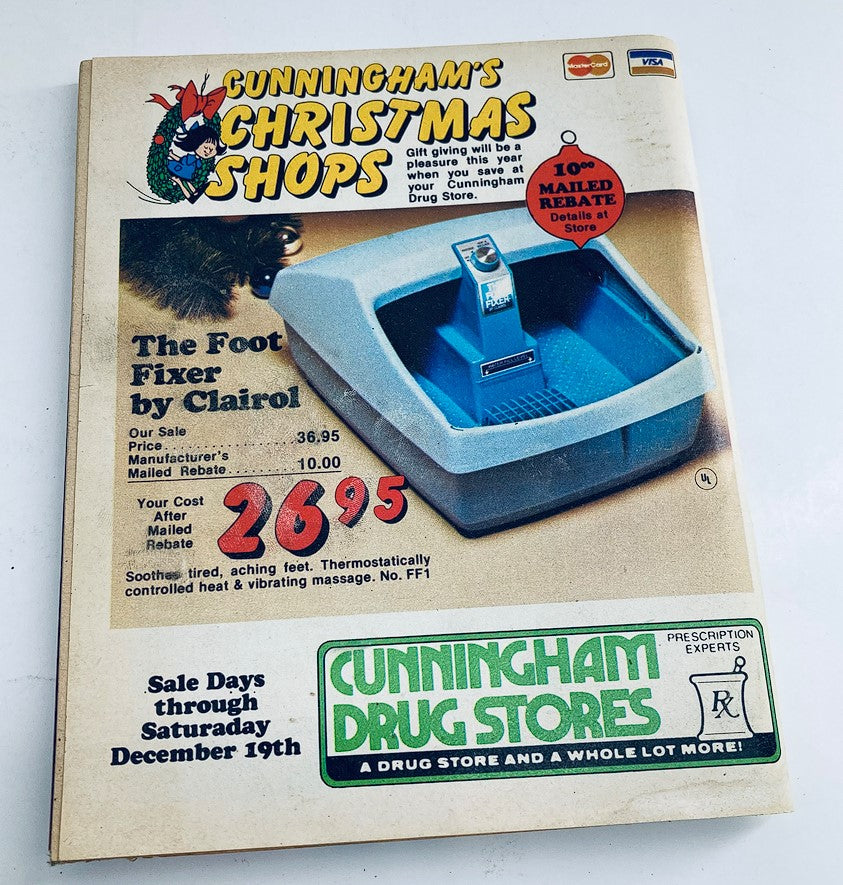 Advertisement for Cunningham's Christmas Shops featuring The Foot Fixer by Clairol, a vintage promotional page from the 1980s, showcasing holiday gift ideas.