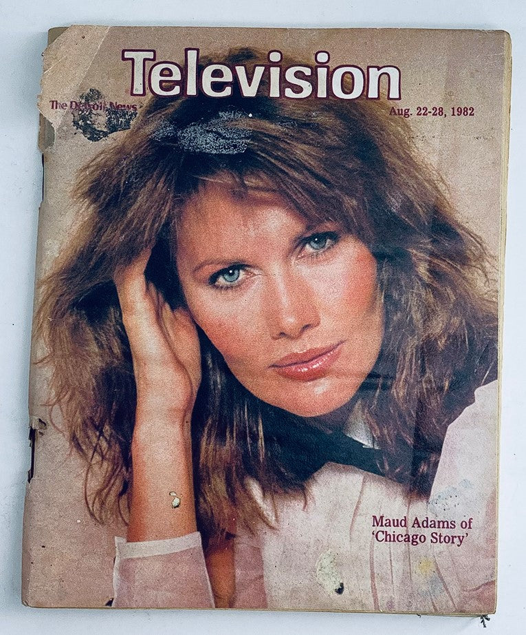 Cover of VTG Television The Detroit News Magazine August 22, 1982, featuring Maud Adams, known for her role as a Bond girl, with a vintage design and creases showing its age.