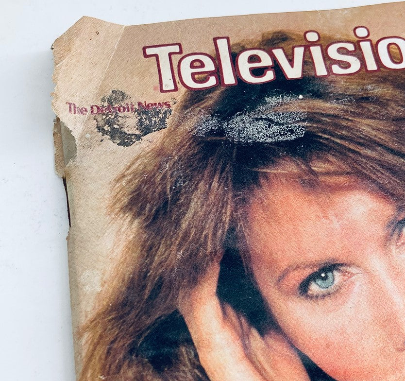 Close-up of the cover of VTG Television The Detroit News Magazine August 22, 1982, highlighting Maud Adams with visible wear, logo of The Detroit News, and nostalgic essence of the early 1980s.