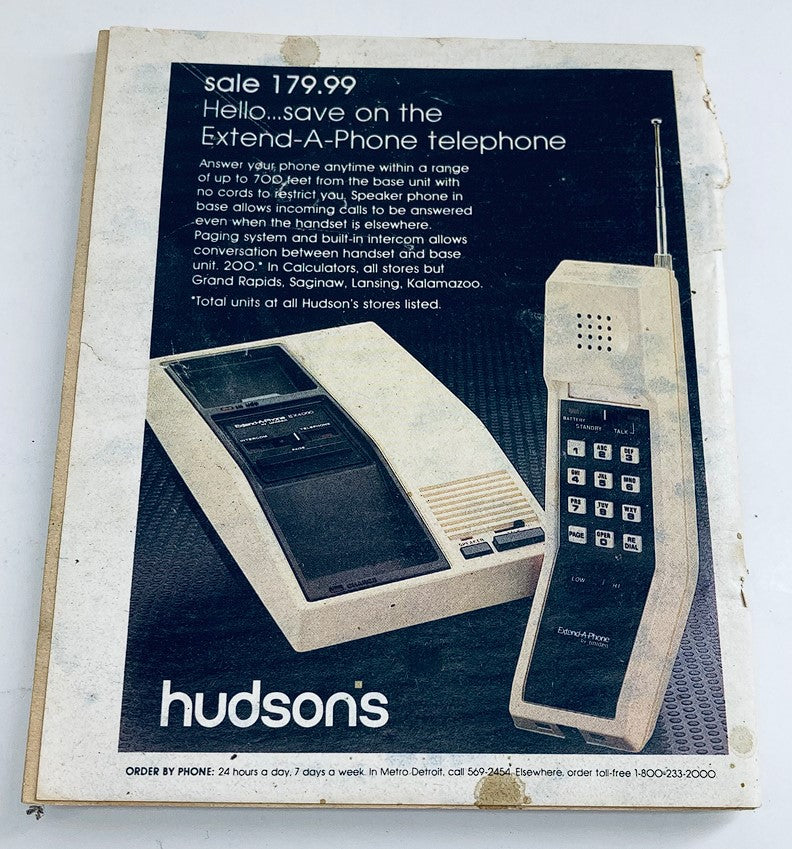 Advertisement for the Extend-A-Phone telephone in The Detroit News Magazine from August 22, 1982, highlighting its features and pricing, depicting vintage technology and home communication.