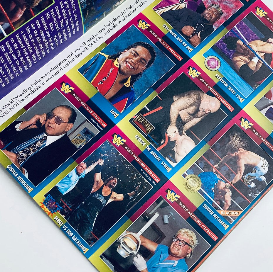 Inside spread of the WWF World Wrestling Federation Magazine November 1995 showcasing collectible Bobyslammin' Federation Trading Cards featuring popular wrestlers.
