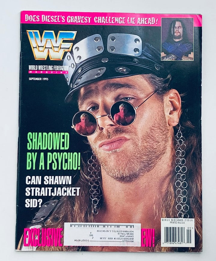 WWF World Wrestling Federation Magazine September 1995 cover featuring Shawn Michaels in sunglasses and a unique hat, capturing a striking moment from the 1990s wrestling era.