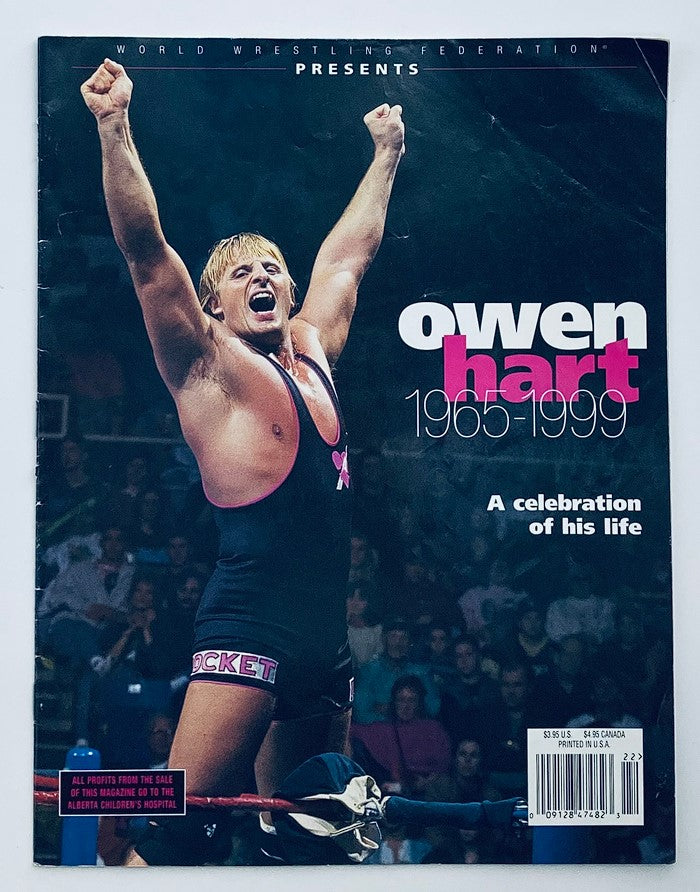 WWF World Wrestling Federation Magazine Owen Hart Tribute 1965-1999 featuring a vibrant cover with Owen Hart in celebration pose, showcasing his legacy and impact in wrestling.