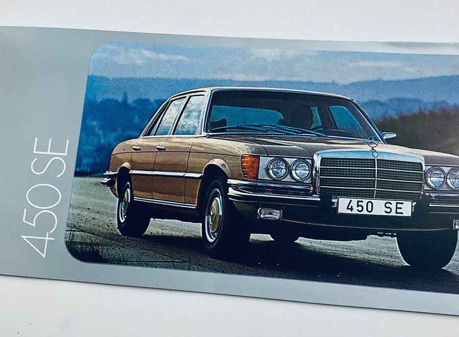 1972 Mercedes-Benz 450 SE Lineup Dealer Showroom Sales Brochure featuring a classic brown 450 SE model on a scenic road.