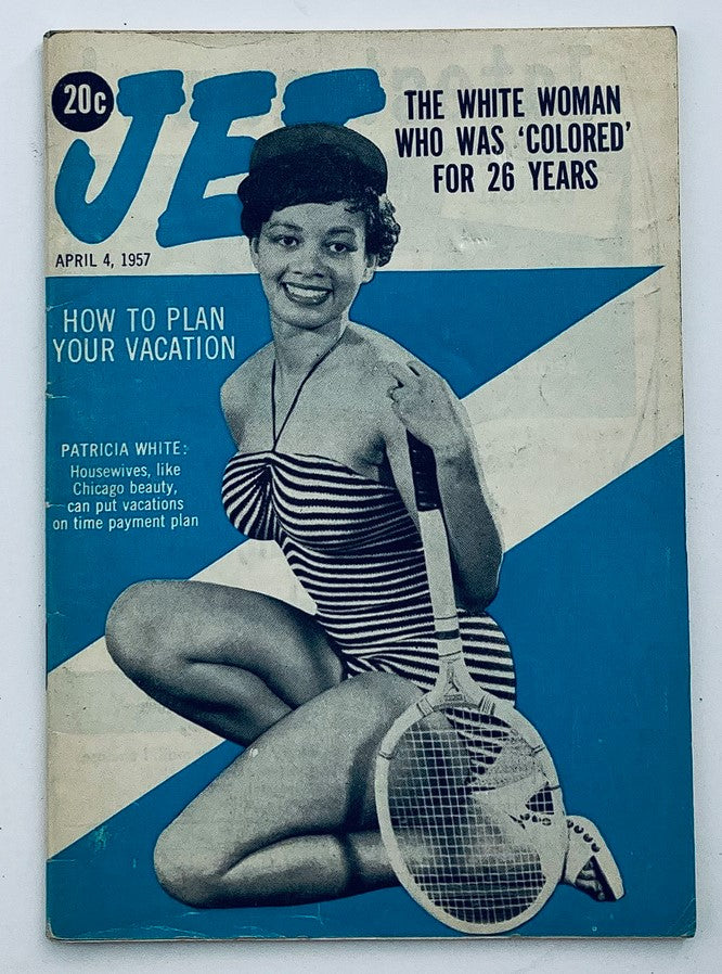 VTG Jet Magazine April 4 1957 with Patricia White on the cover showcasing a striped swimsuit, featuring the article 'How To Plan Your Vacation'.