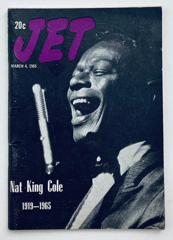 VTG Jet Magazine March 4, 1965 featuring Nat King Cole, showcasing a photograph of him singing passionately with a microphone. The magazine cover displays the title 'JET' prominently in bold purple letters.