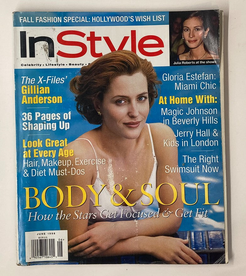 Cover of InStyle Magazine June 1998 featuring The X-Files Gillian Anderson and Julia Roberts. Highlights late 90s fashion and celebrity culture.