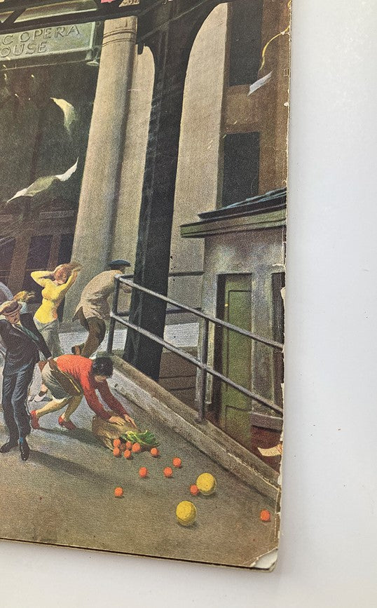 Close-up view of The Saturday Evening Post March 23, 1946 cover, highlighting the vibrant city activity and vivid details of the illustration 'Our Greatest Gamble For Peace'.