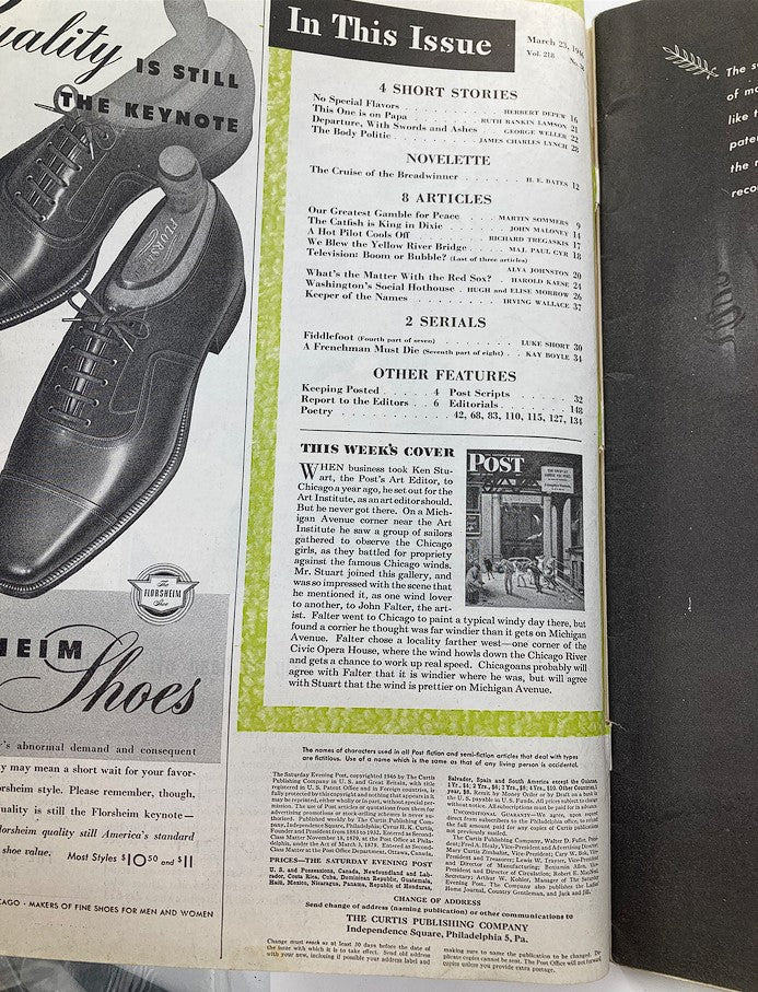 Inside content of The Saturday Evening Post dated March 23, 1946, featuring the table of contents including the article "Our Greatest Gamble For Peace" and a vintage advertisement for shoes.