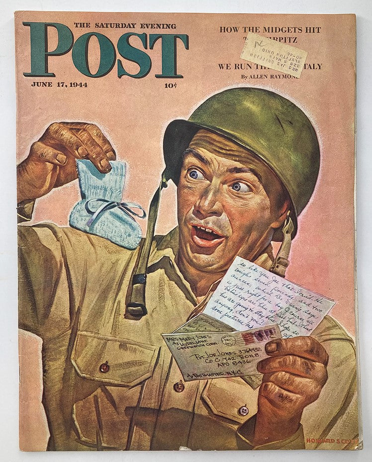 The Saturday Evening Post June 17 1944 Father's Day Cover by Howard Scott, featuring a soldier joyfully holding letters. A vintage illustration capturing the spirit of fatherhood during World War II.