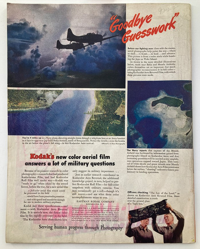Advertorial piece by Kodak about color aerial film and its military applications during World War II, emphasizing the importance of photographs in war efforts. Title: The Saturday Evening Post June 17 1944 Father's Day Cover by Howard Scott.