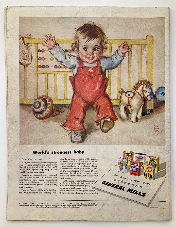 The Saturday Evening Post April 8 1944 - April Showers Cover by Alex Ross featuring a vintage illustration of a happy baby in red overalls standing in a playpen, surrounded by toys.
