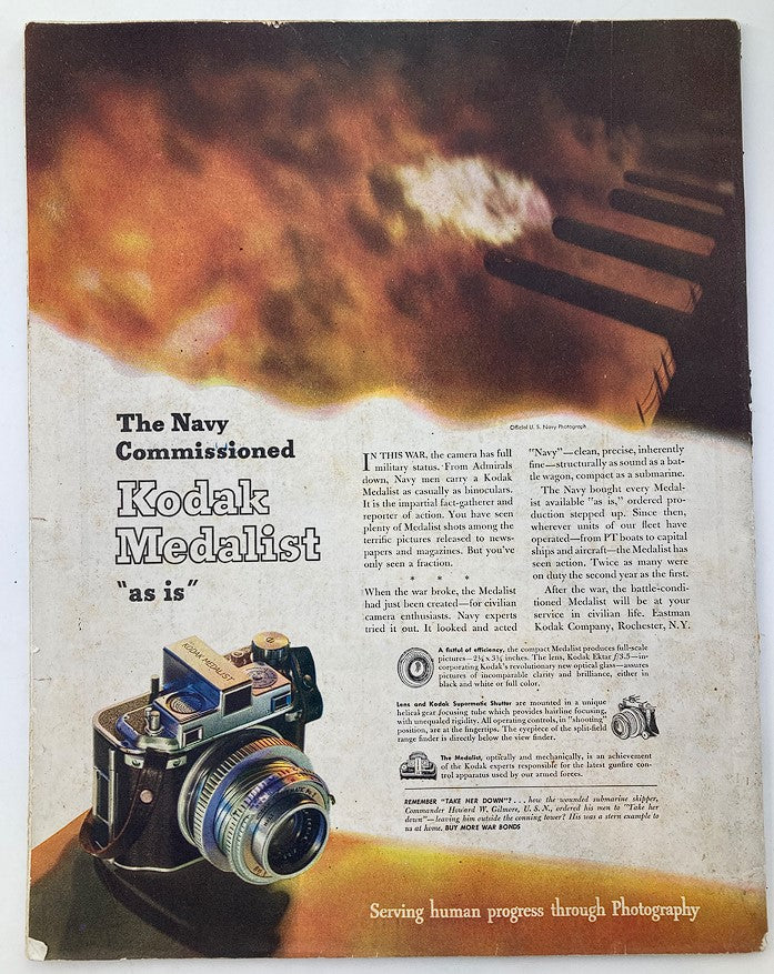The Saturday Evening Post February 26 1944 Shipyard Cover by Fred Ludekens showcasing a vintage photograph of a Kodak Medalist camera with an abstract background representing the shipyard efforts during World War II.