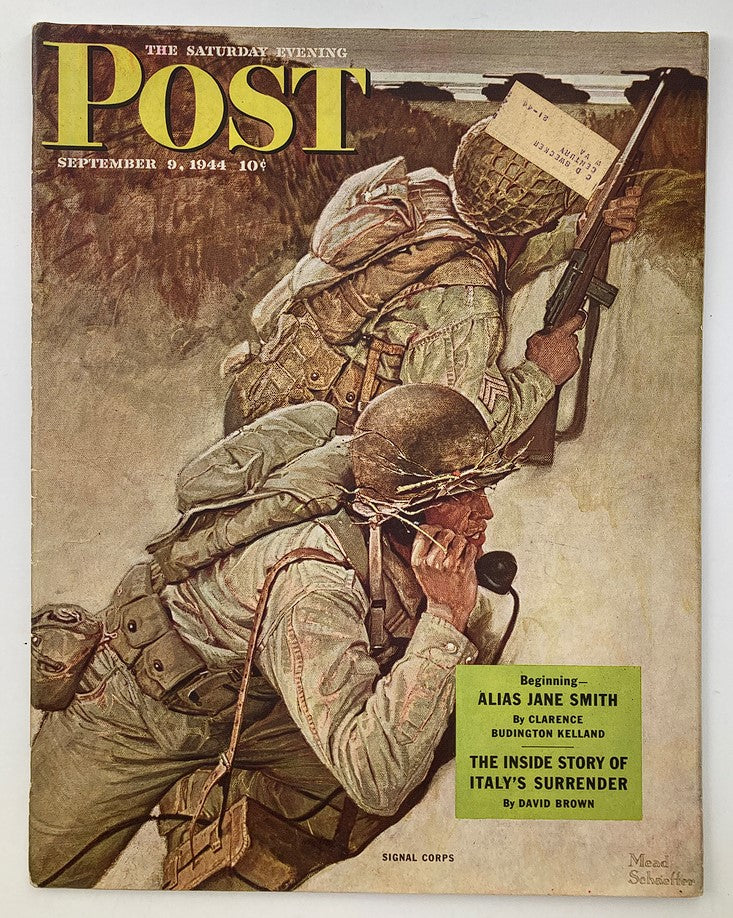 Cover of The Saturday Evening Post from September 9, 1944, featuring a Signal Corps illustration by Mead Schaeffer depicting soldiers in action.
