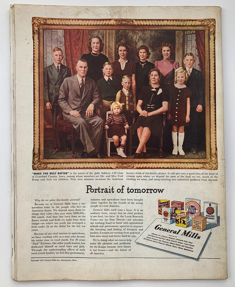 Back cover of The Saturday Evening Post April 5, 1947 featuring a family portrait and advertisement for General Mills, highlighting themes of family and American agriculture.