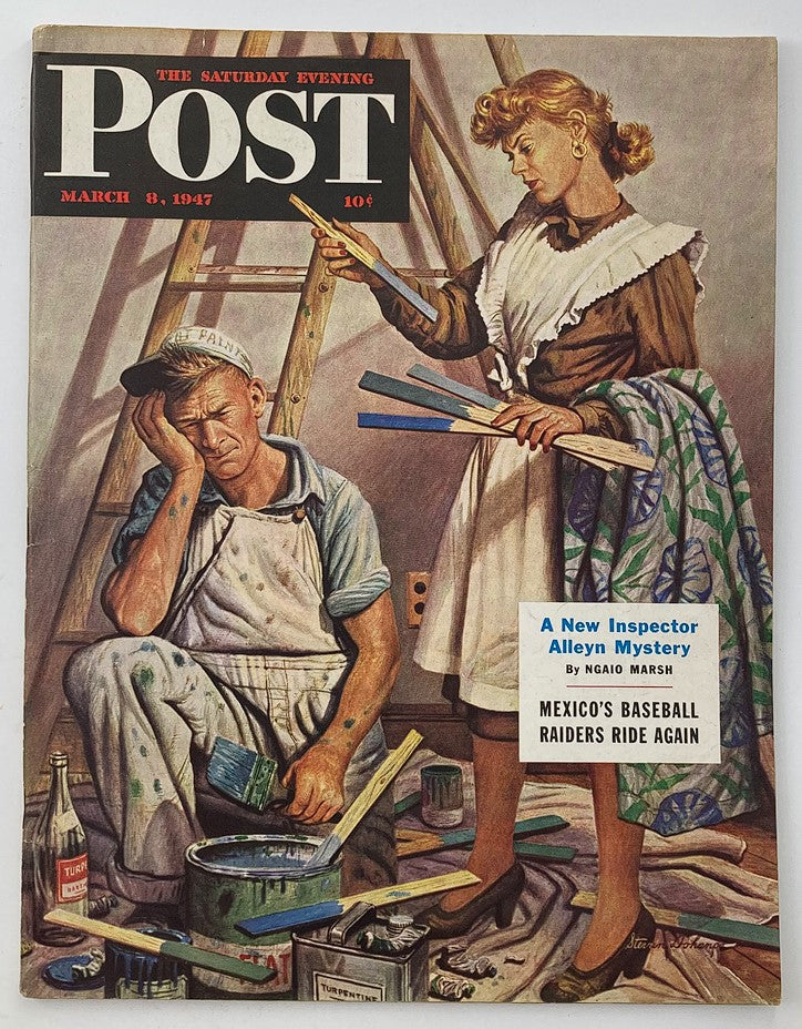 Cover of The Saturday Evening Post March 8, 1947 featuring a painting by Stevan Dohanos depicting a woman painting with a man in the background, capturing mid-20th century American life.