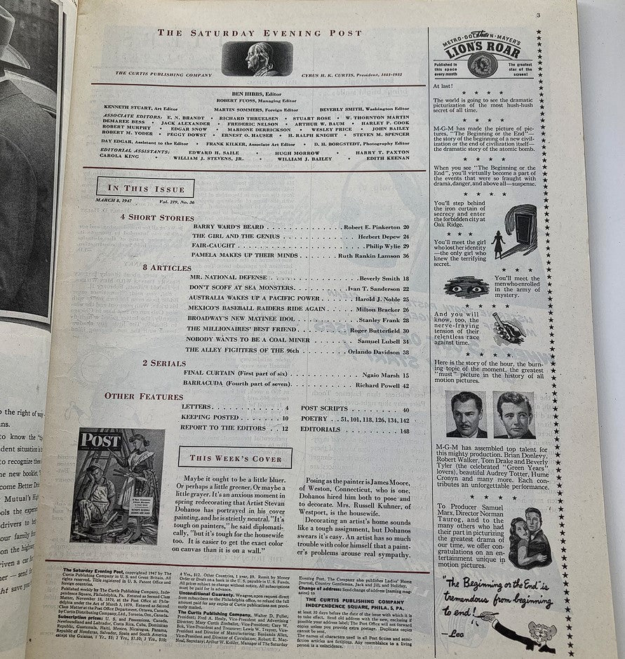 Interior page of The Saturday Evening Post March 8, 1947 detailing articles and features within the magazine, showcasing vintage typography and layout from the era.
