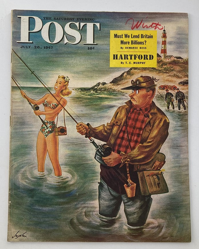 The Saturday Evening Post July 26, 1947 cover featuring an illustration by Alajalov. The cover depicts men fishing at Montauk Point, with a woman in a swimsuit and vintage fishing gear, showcasing a nostalgic summer scene.