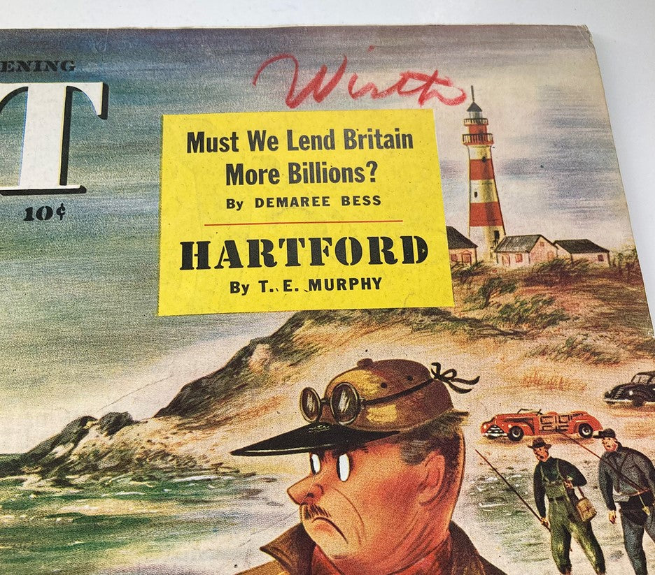 The Saturday Evening Post July 26 1947 cover featuring artwork by Alajalov, depicting a fisherman at Montauk Point with a lighthouse and colorful details, along with headlines about articles within the issue.