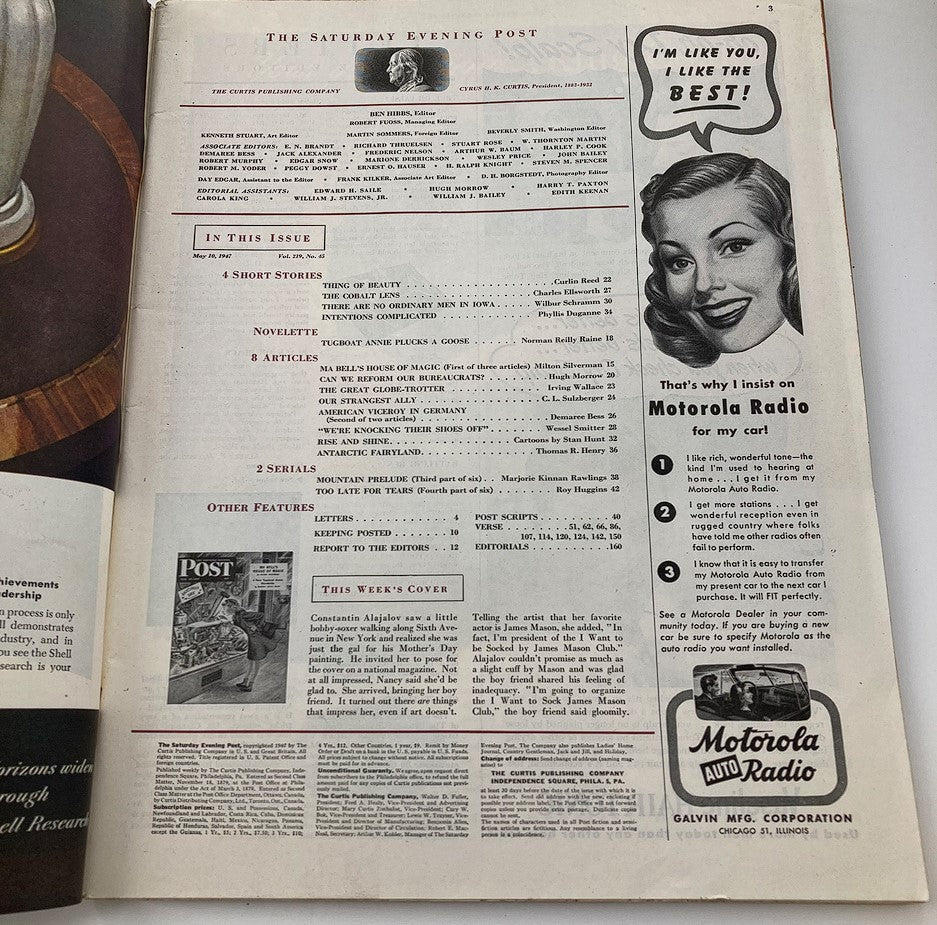 Inside page of The Saturday Evening Post May 10, 1947, displaying the contents of the issue, including articles and features, along with an illustration of a girl looking at the cover.