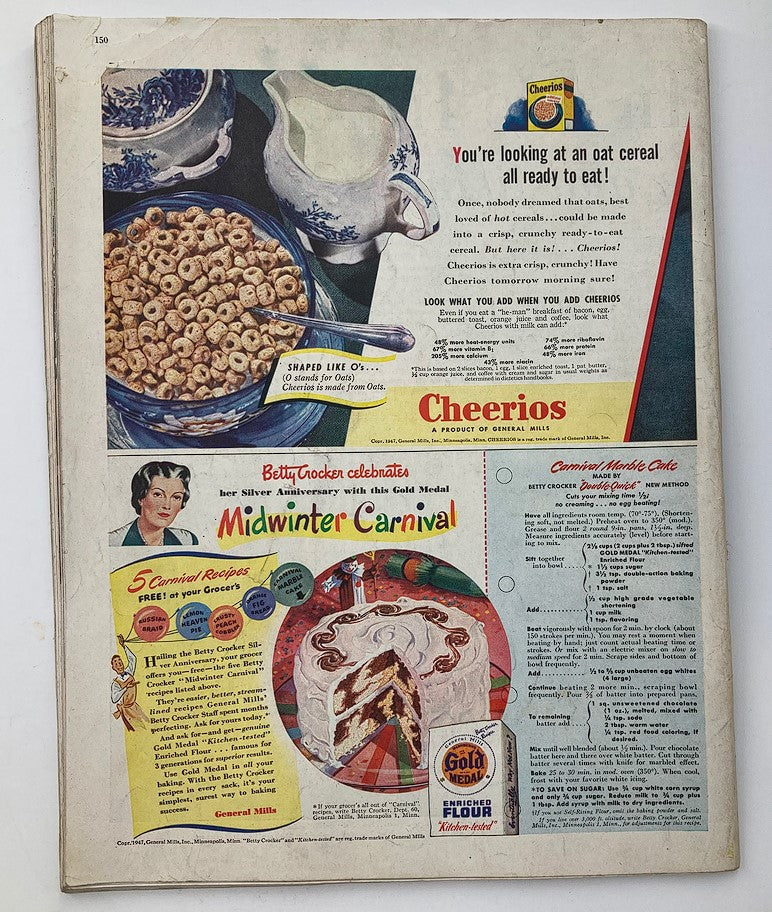 Back cover advertisement of The Saturday Evening Post February 8, 1947 featuring Cheerios cereal, highlighting its qualities and a Betty Crocker baking promotion.