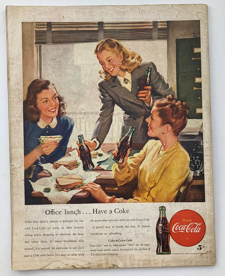 Vintage advertisement showcasing three women enjoying an office lunch with Coca-Cola bottles, illustrating a friendly social atmosphere. This image complements the article, The Saturday Evening Post March 29 1947 A Spring Downpour by John Falter.
