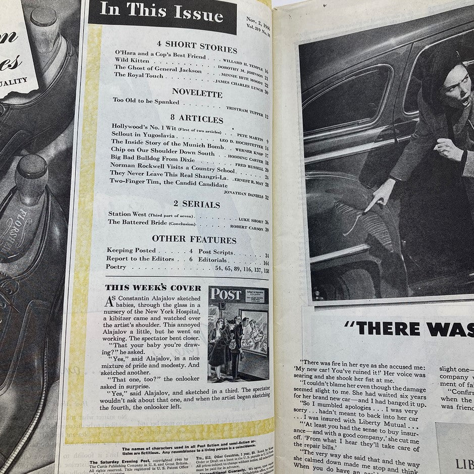 Inside page of The Saturday Evening Post November 2, 1946, displaying the table of contents and features, providing insights into the magazine's content and articles from the late 1940s.