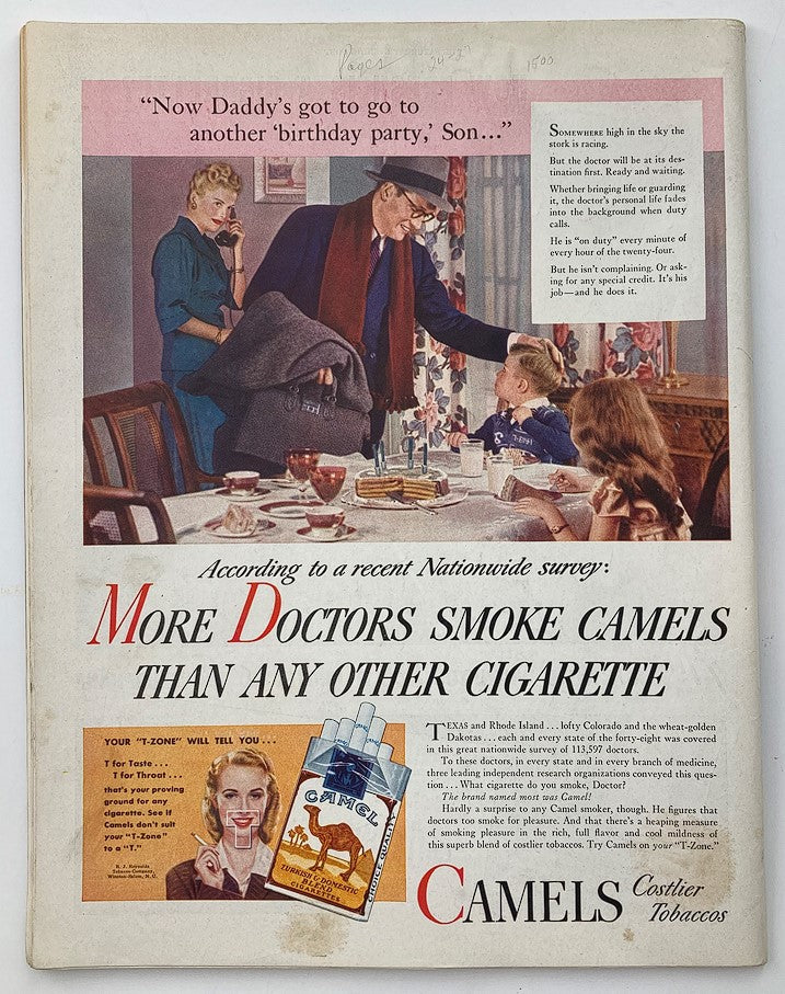 Back cover of The Saturday Evening Post November 2, 1946 featuring a vintage advertisement for Camel cigarettes, depicting a family scene with a father preparing to leave for a birthday party.