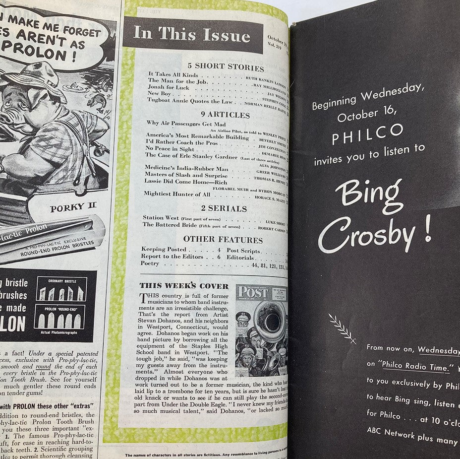 Inside page of The Saturday Evening Post, October 29, 1946, listing articles including 'Why Air Passengers Get Mad', accompanied by vintage advertisements and a layout typical of mid-20th century publications.