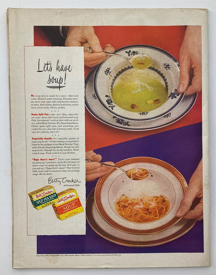 Back cover of The Saturday Evening Post, October 29, 1946, featuring a colorful Betty Crocker advertisement for soup products alongside a recipe suggestion, maintaining the vintage aesthetic of the era.