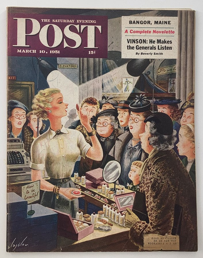 Cover of The Saturday Evening Post dated March 10, 1951, featuring the title "Vinson: He Makes the Generals Listen" along with a vibrant illustration of women at a beauty counter.