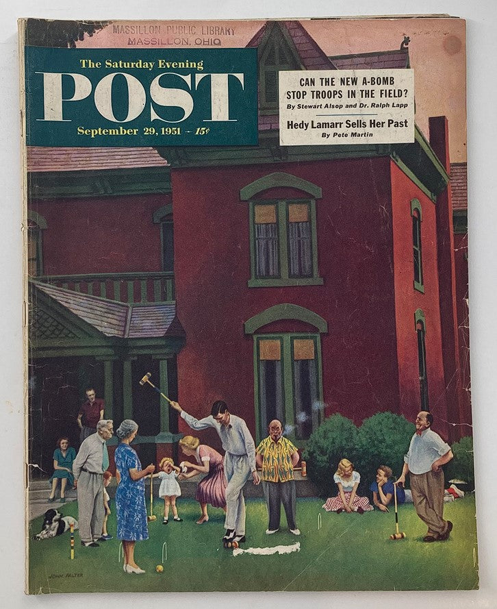 Cover of The Saturday Evening Post from September 29, 1951 featuring Hedy Lamarr with the title 'Hedy Lamarr Sells Her Past' and colorful background depicting a family gathering.